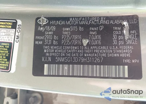 2009 Hyundai Santa Fe Gls from USA, damaged, VIN 5NMSG13D79H311267